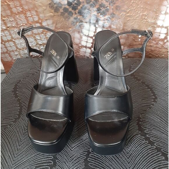 Zara Black Faux Leather Platform Heel Sandals - Picture 12 of 14